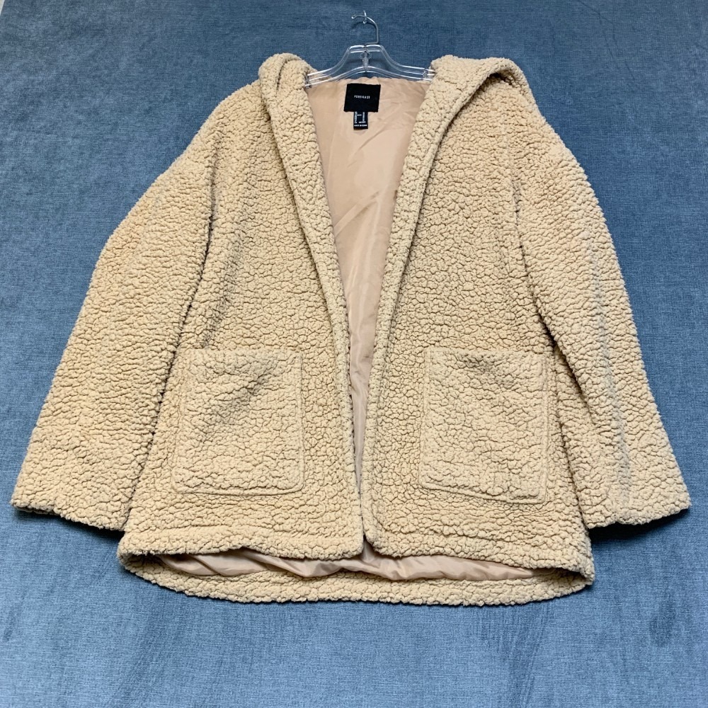 Forever 21 Sherpa Faux Shearling Jacket Womens Medium Beige Hooded Open Front